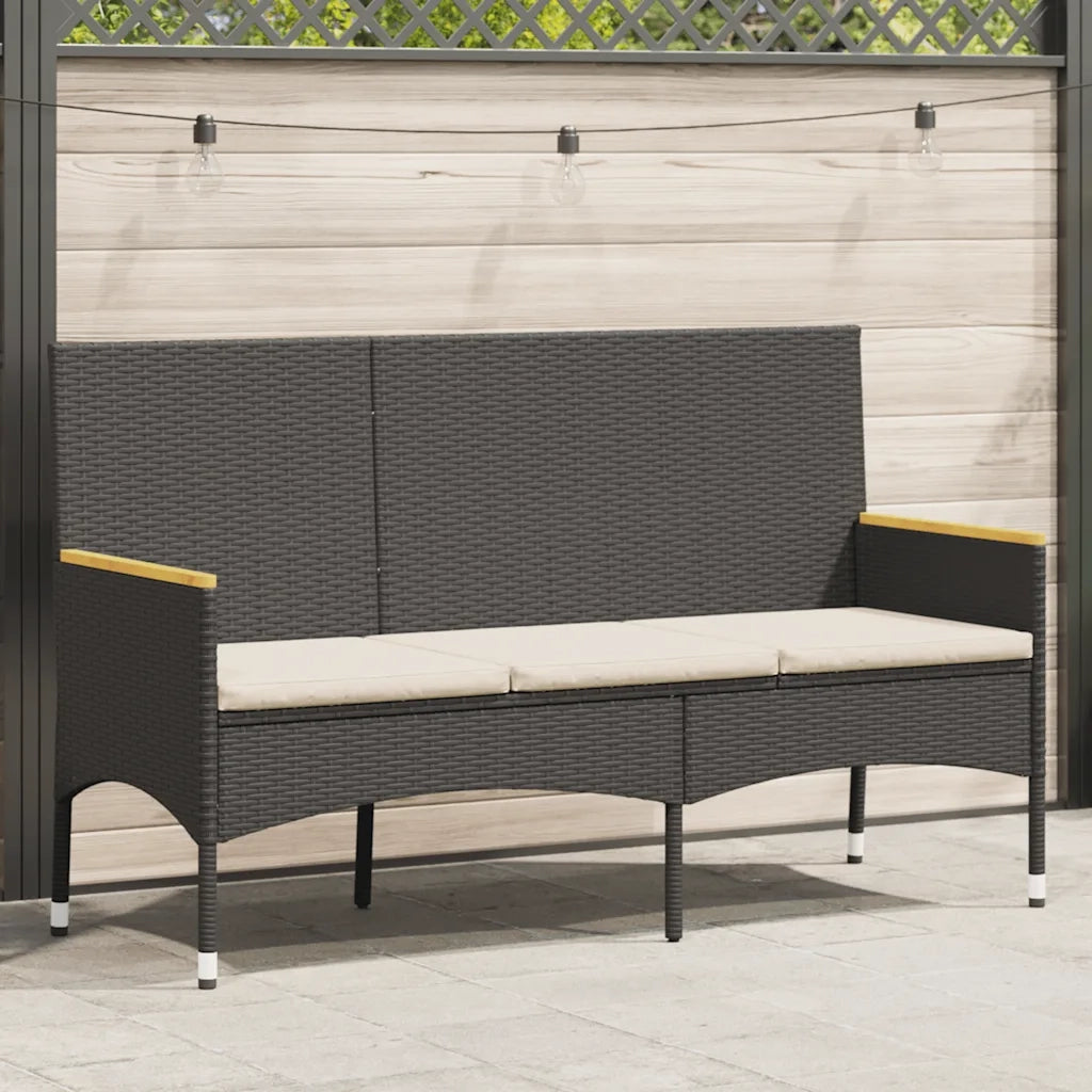 Panca da Giardino a 3 Posti-Sgabello-Panca da esterno con Cuscini Nera in Polyrattan