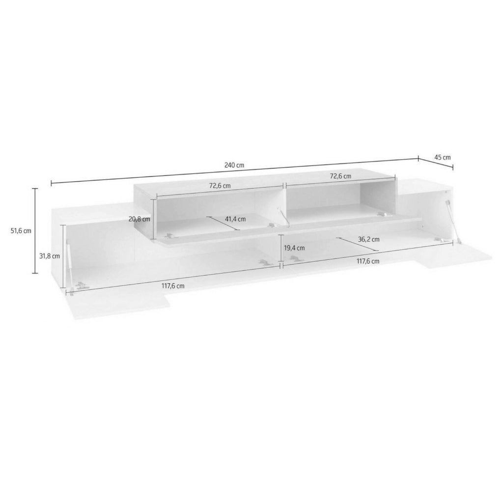 Mobile porta TV Tiche, Credenza bassa da soggiorno, Base porta TV, 100% Made in Italy, cm 240x45h52, Bianco lucido