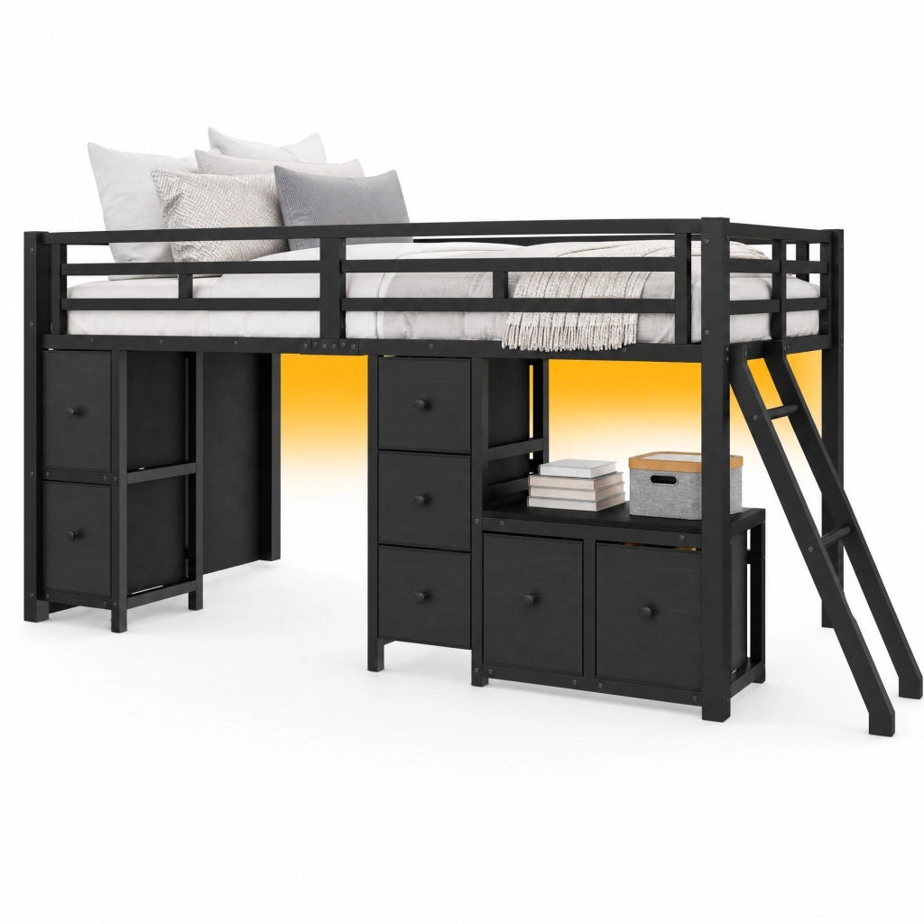 Letto a soppalco basso 90x200 cm con 7 cassetti; LED e area gioco nero