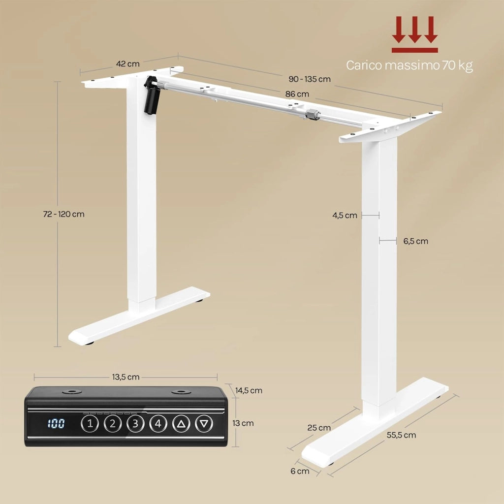Telaio Scrivania Regolabile in Altezza, Telaio da Scrivania in Piedi, Supporto Elettrico da Tavolo, Standing Desk con 4 Funzioni Memoria, Anti-collisione, 72-120 cm, Bianco