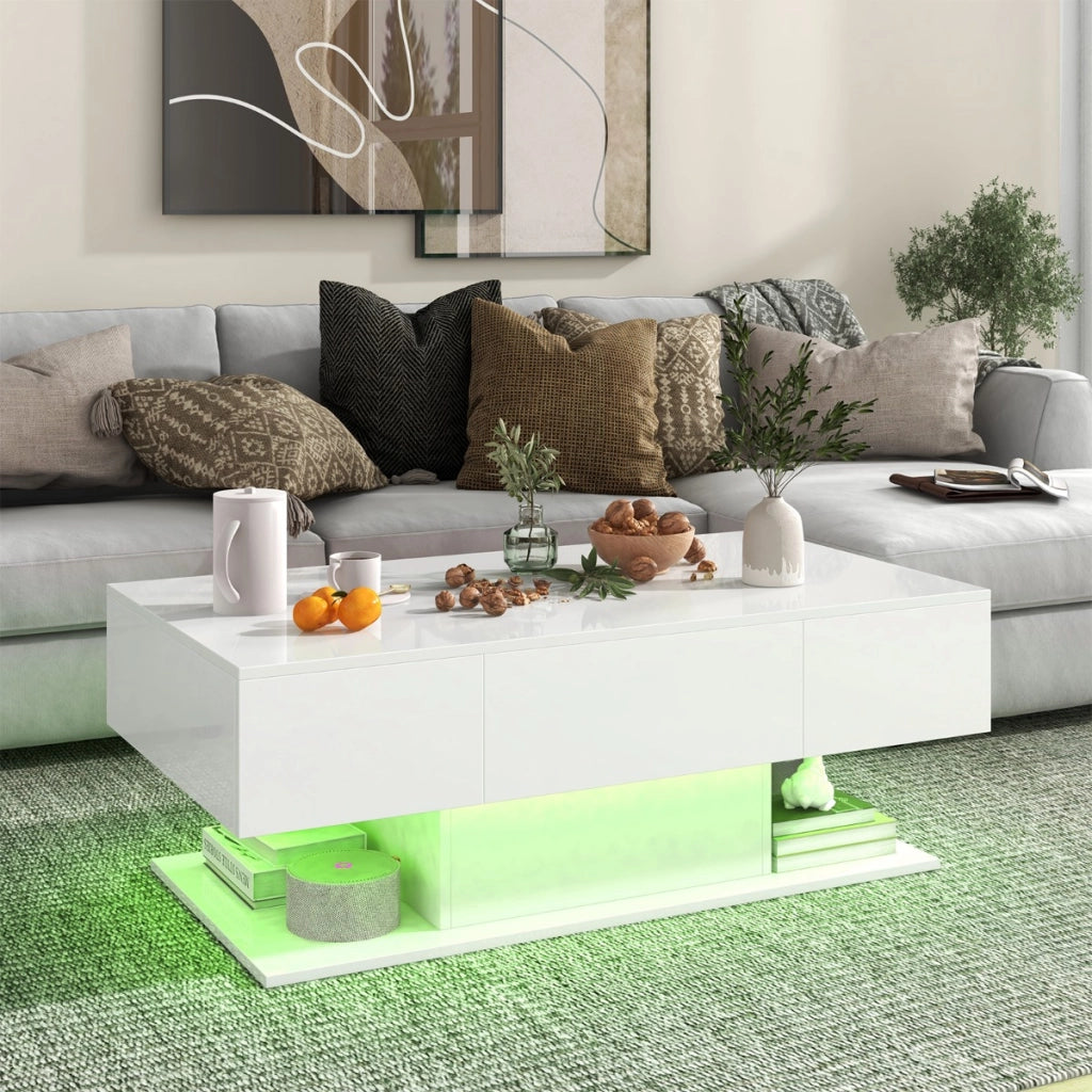 Tavolino da caff¨¨ moderno con 20 luci LED a colori e 2 cassetti portaoggetti, Tavolino d'accento a 2 piani Bianco-Tavolini da salotto