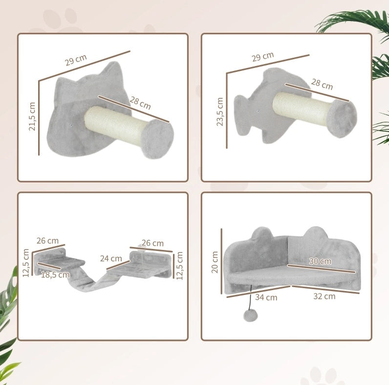 Set da parete per gatti ULEVR con 4 elementi, piattaforme, scala, tiragraffi e pallina, grigio chiaro