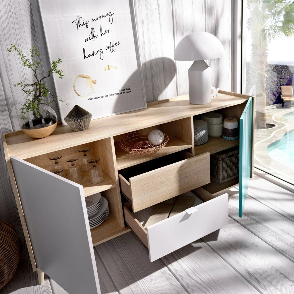 Credenza Asa, Buffet da soggiorno, Madia da salotto moderna a 2 ante, 155x43h75 cm, Bianco e Rovere