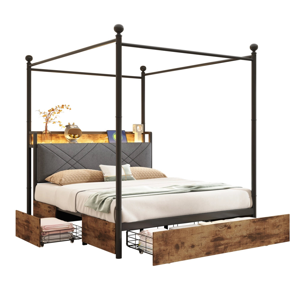 Letto matrimoniale per materasso 140 × 190 cm con baldacchino removibile; LED; USB Type-C e contenitore nero