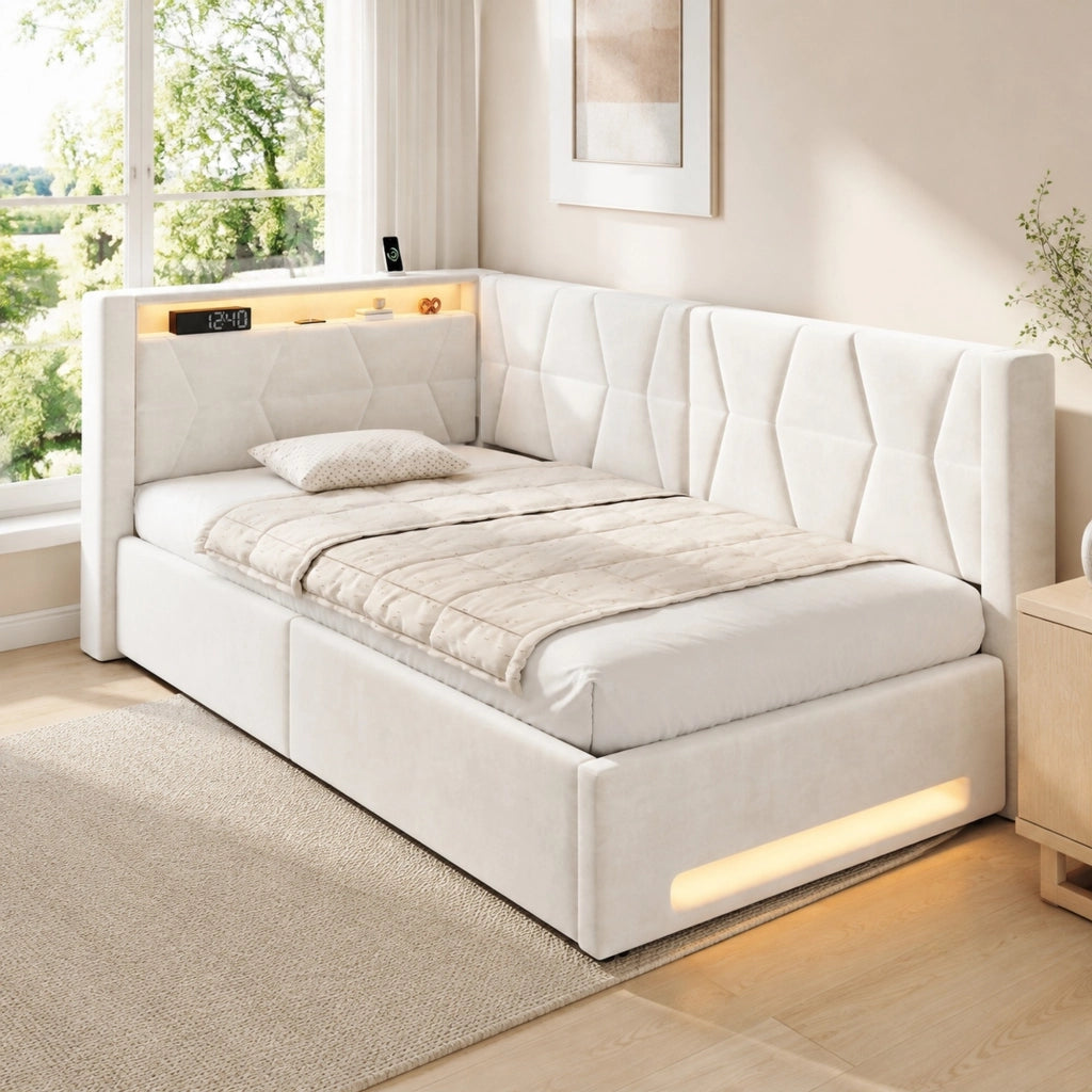 Letto Singolo 90x200 cm con Contenitore; USB; Type-C e LED in Velluto Beige