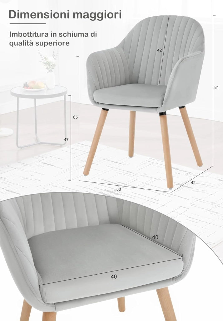 1Pz Sedia da Pranzo Poltroncina per Sala D'attesa Cucina Poltrona con Schienale Braccioli Tessuto in Velluto Gambe di Legno Grigio Chiaro BH95hgr-1