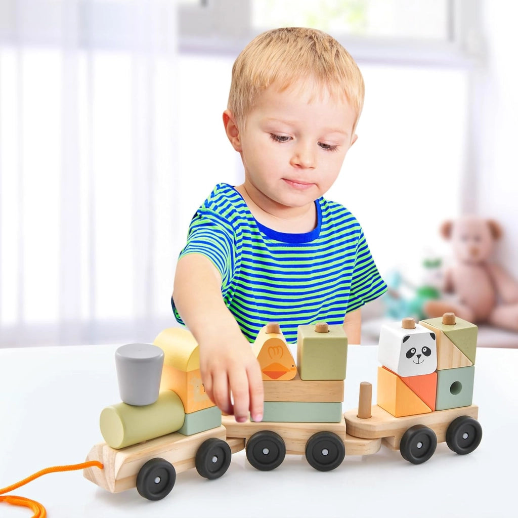 Trenino in Legno, Trenino Giocattolo a 3 Sezioni con Blocchi Impilabili, Corda di Traino, Design a Gancio, Trenino Giocattolo Educativo per Bambini 3 Anni+