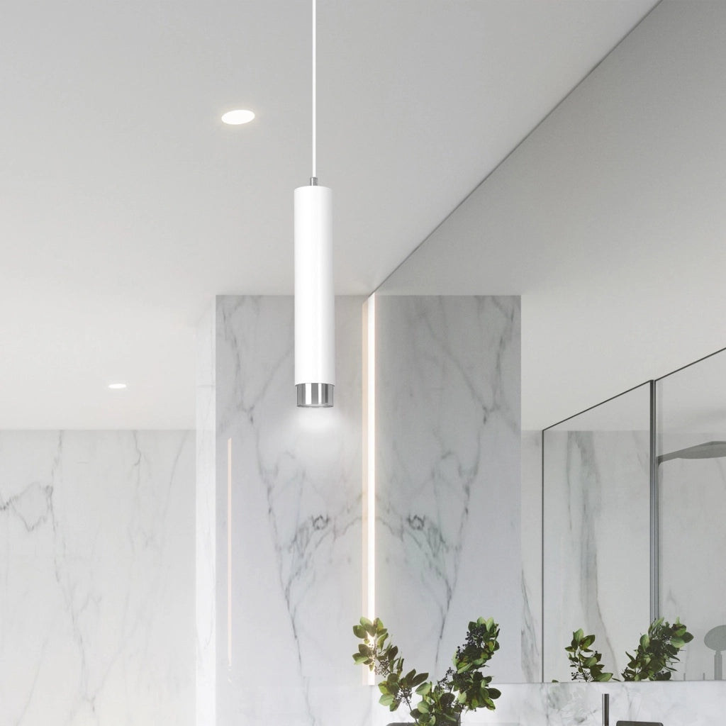 Sospensione 1 Luce Brunilde In Acciaio Bianco Con Tubolare In Bianco E Cromo