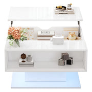 Tavolino da caffè alzabile con vano nascosto; LED; per soggiorno; 80×75×40 cm; bianco