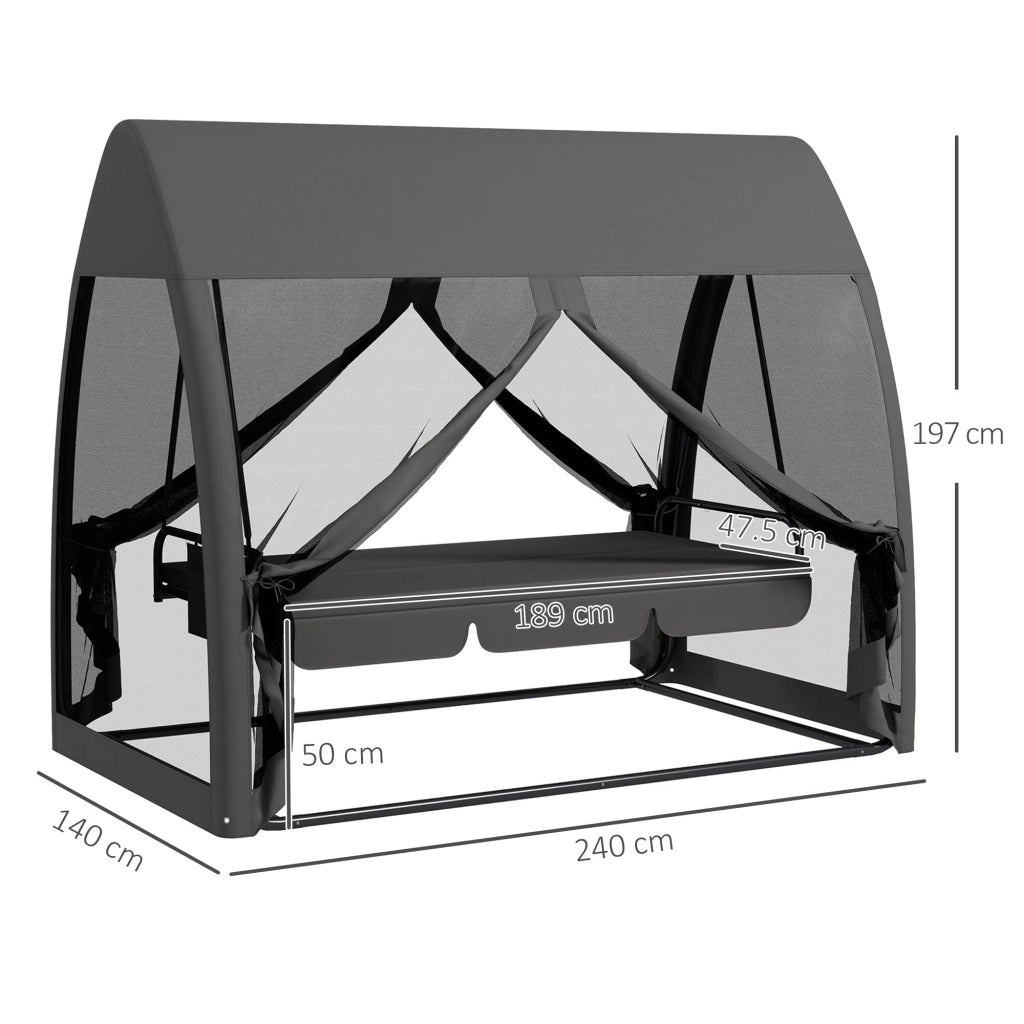 Dondolo da Giardino 2 in 1 Convertibile in Letto 240x140x197 cm con Cuscini e Zanzariera Grigio