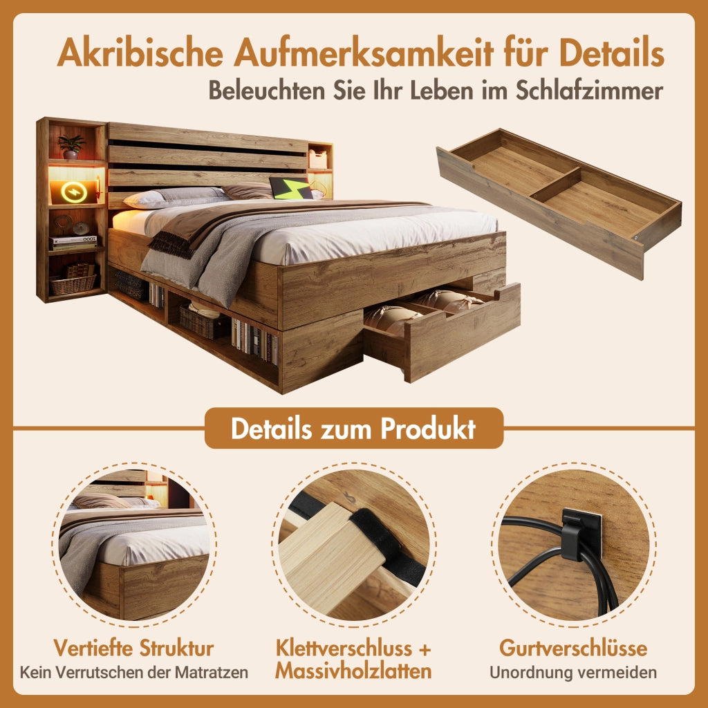 LETTO 160x200 cm Rovere con materasso incluso, testiera con LED e USB