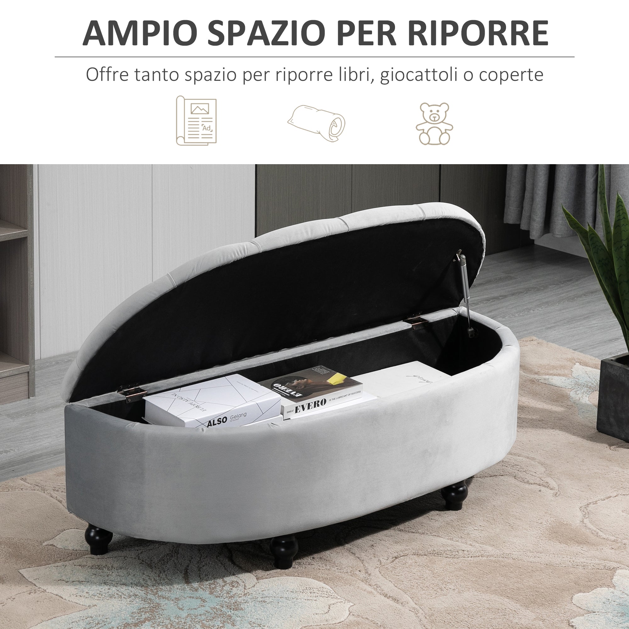 Panca Contenitore Fondoletto a Semicerchio 120x46x42 cm in Velluto e Legno Grigio Chiaro