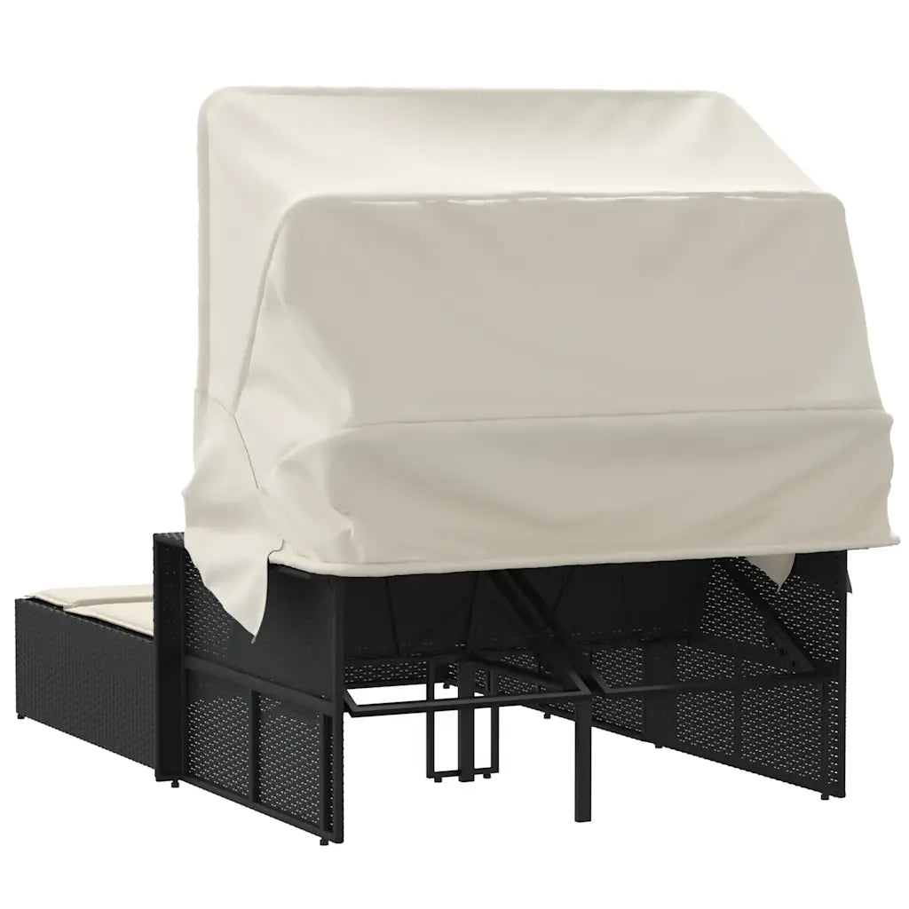 Lettino Prendisole | Sdraio da giardino | Lettino da sole Doppio Baldacchino e Cuscini Nero Polyrattan