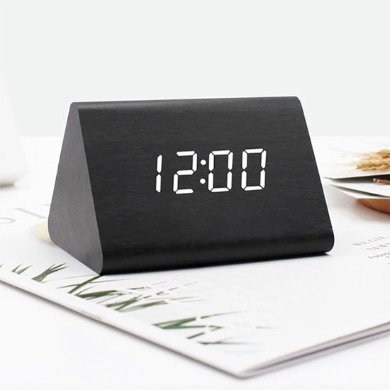 Alarme digitale con visualizzazione orario, data, temperatura e calendario - Nero legno, luce bianca