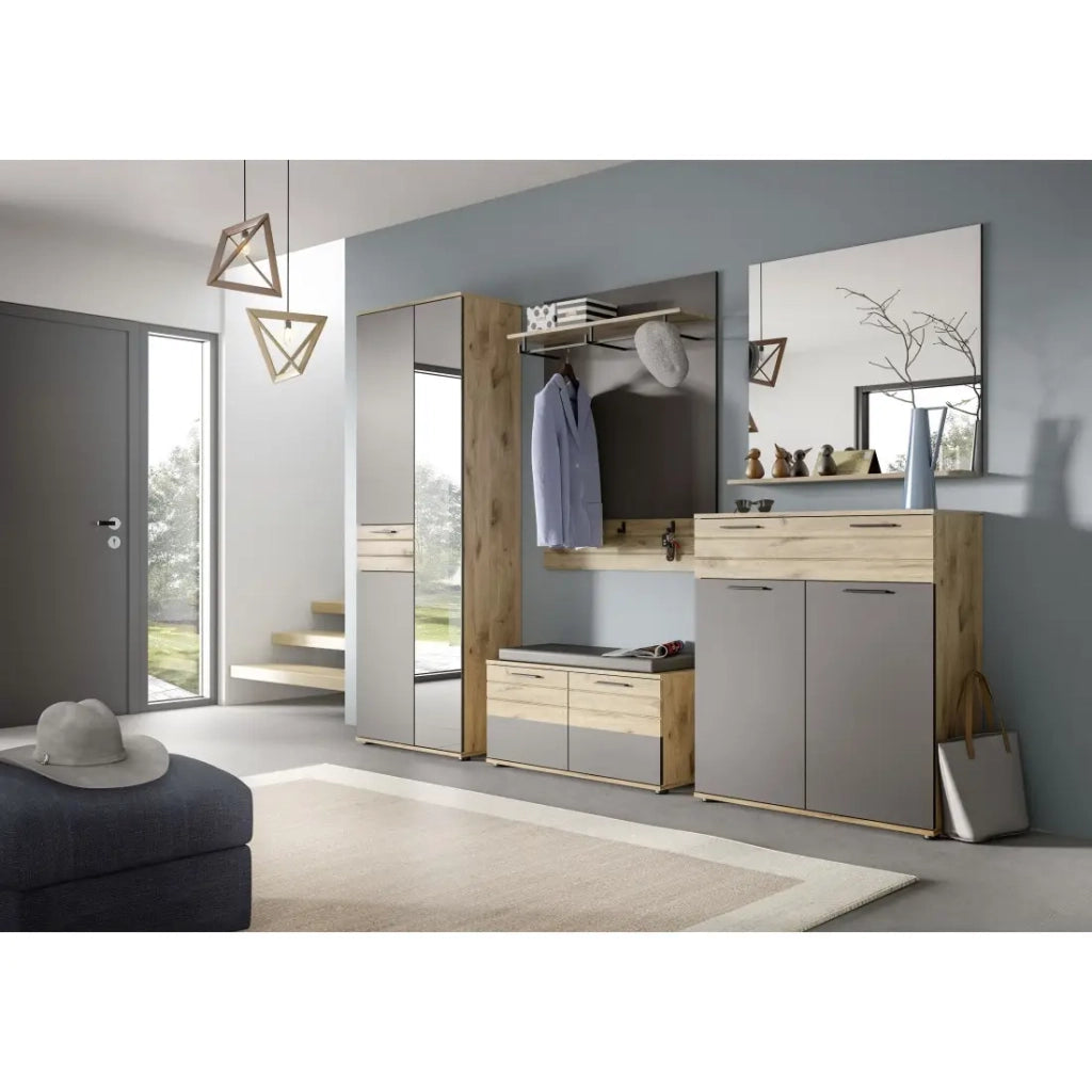 Set bagno: mobile sotto lavabo + mezza colonna + specchio – Grigio antracite e rovere chiaro – SELMA