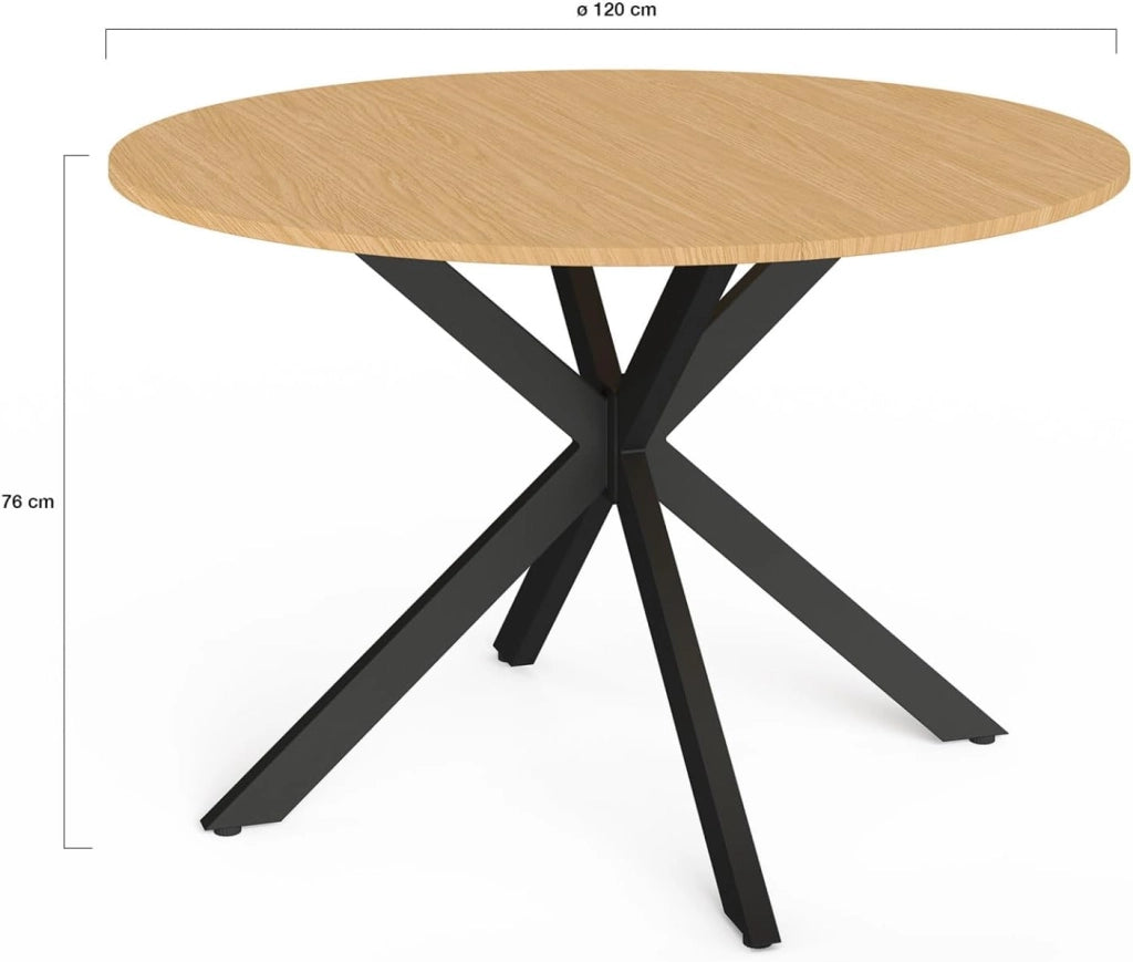 Tavolo da Giardino Rotondo Messina, 120 cm, 6 posti, Gamba a Ragno, Piano in Metallo Effetto Legno