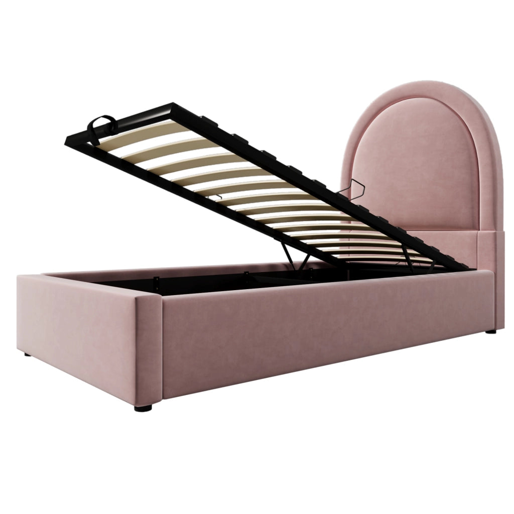 Letto imbottito rosa 90x190 cm con contenitore e testiera ad arco
