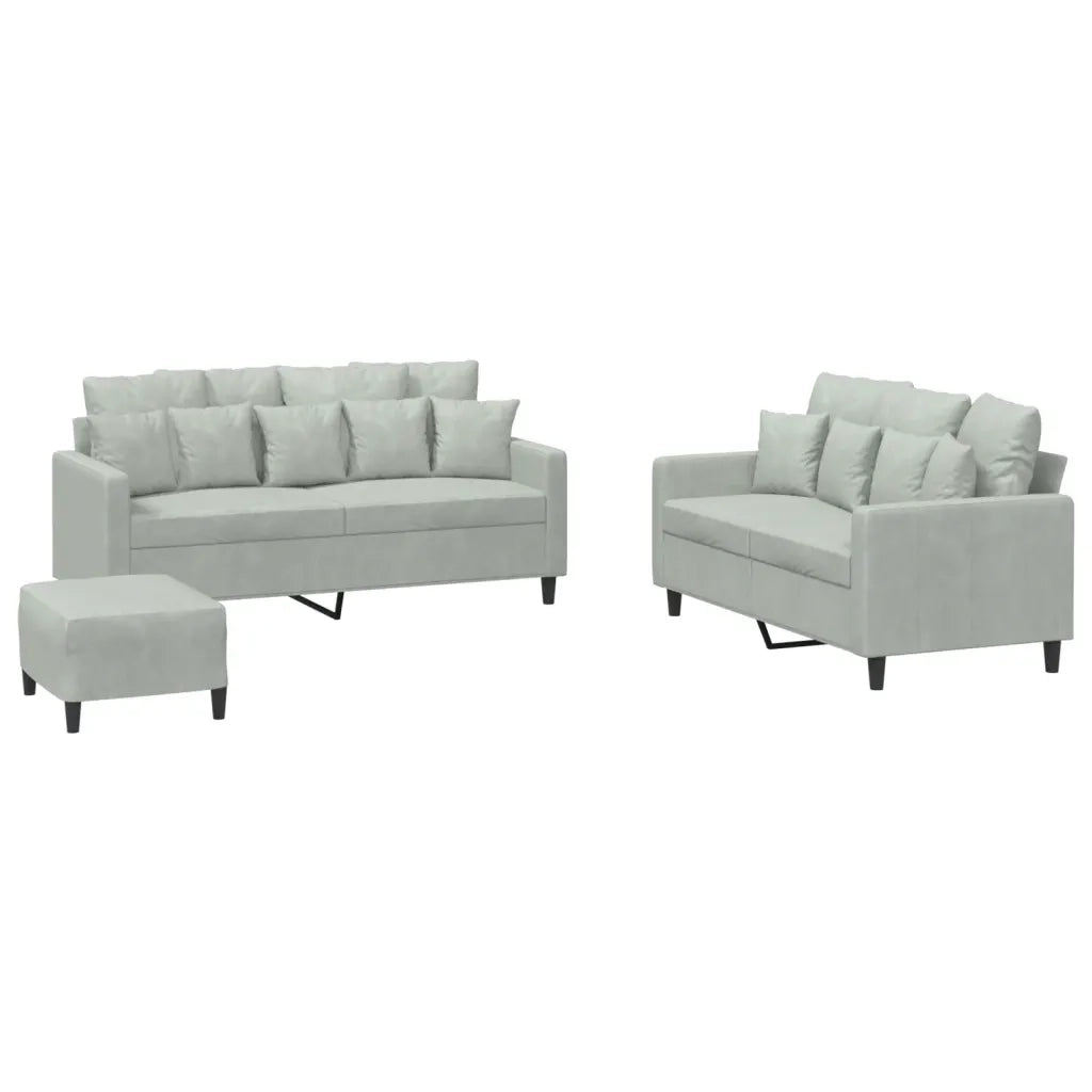 Set di Divani 3 pz con Cuscini Grigio Chiaro in Velluto