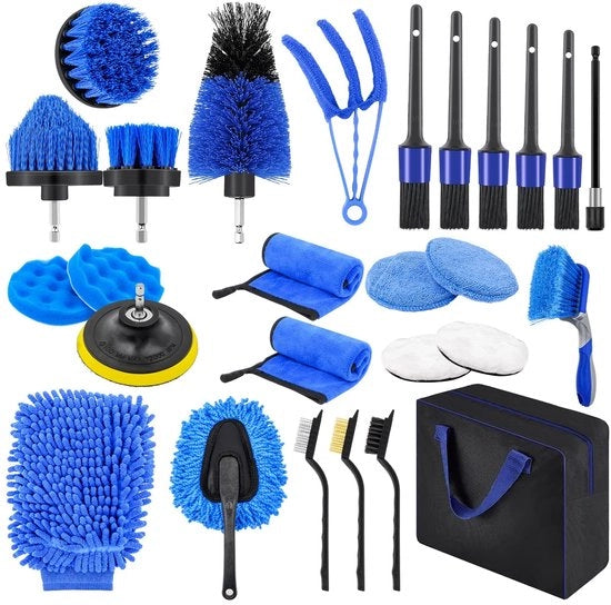 Set di pulizia autoguida 27 pezzi, set di pulizia autoguida, spazzola per auto per pulire interno ed esterno, cerchi, cruscotto e sedili - compreso contenitore di trasporto