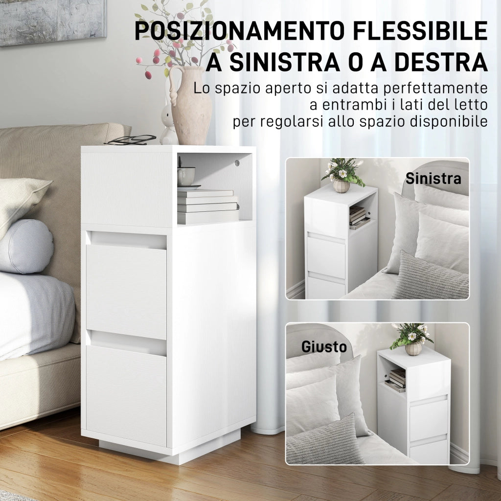 Set di 2 Comodini con 2 Cassetti e Ripiano Aperto Moderni e Salvaspazio, 25x30x65 cm, Bianco
