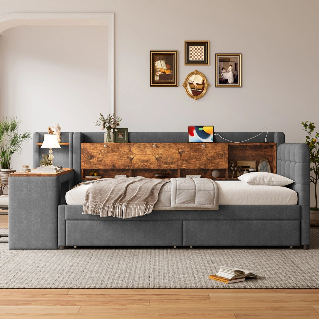 Letto singolo 90x200 cm grigio con scrivania, USB-C e cassetti