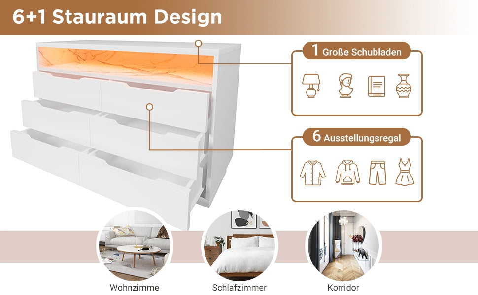 Credenza con Cassetti e LED, Effetto Marmo ¨C MINIMAL ¨C Bianco 120x40x85cm