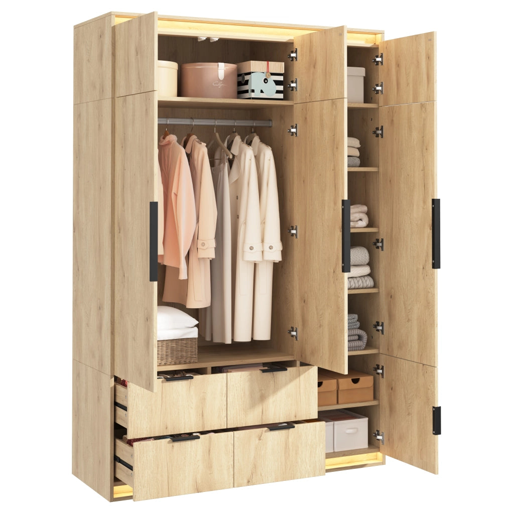Armadio con specchio e LED, 3 ante, 4 cassetti e 8 vani, per camera da letto, in MDF rovere, 135 × 47 × 200 cm