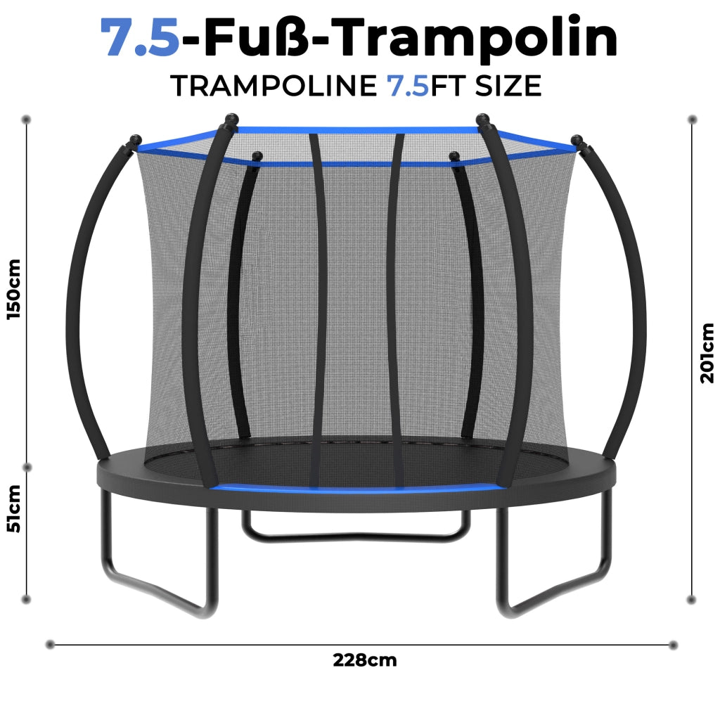 Trampolino 7.5 piedi con rete di protezione e scala, struttura in acciaio, nero e blu, senza accessori
