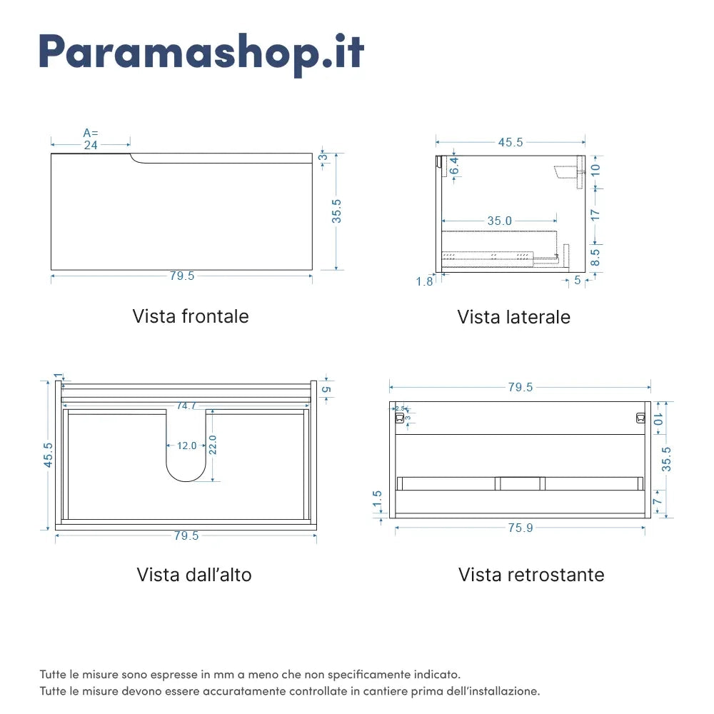 Mobile bagno sospeso 80 cm un cassetto bianco opaco con lavabo  | Moor