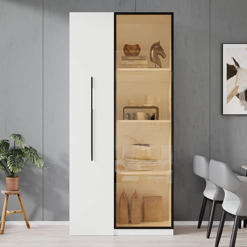 Vetrina con libreria estraibile 70x40x160 cm in MDF bianco con LED, vetro temperato, 1 anta e 2 colli