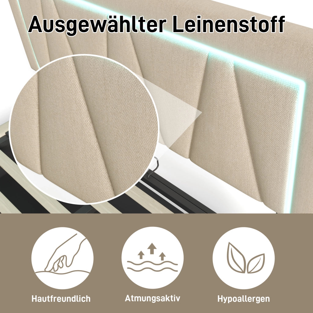 LETTO Contenitore 160x200 cm in lino beige con LED e USB Type C