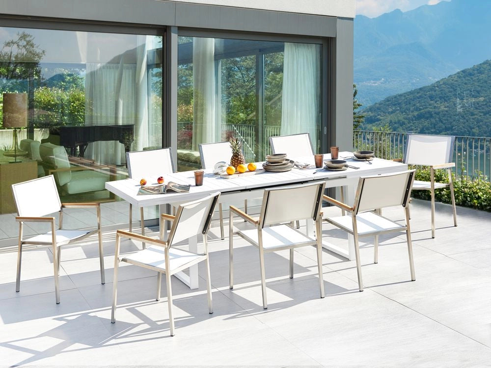 Set da pranzo da giardino Bianco Alluminio Acciaio Inox 8 Posti Mobili da Esterno Moderni