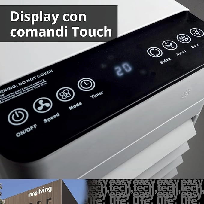 Innoliving Raffrescatore d’Aria Caldo/Freddo 7 Litri INN-508NEW, con Funzione Calore, Pannello Touch, Display Digitale, Telecomando, 3 Velocità, Oscillazione 140°, Serbatoio Removibile