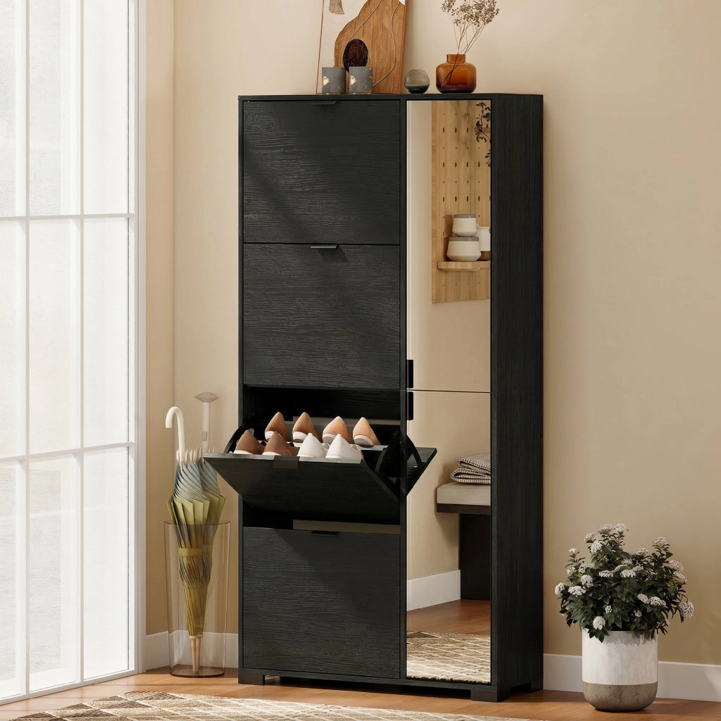 Scarpiera con Specchio 82x30x168 cm 4 Cassetti Ribalta e Armadietto 2 Ante in MDF Nero