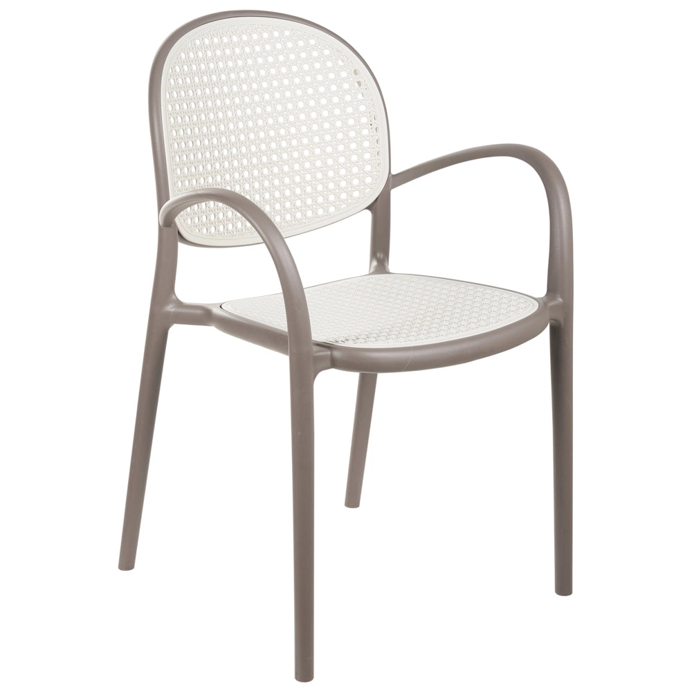 Set di 2 sedie da pranzo in plastica marrone chiaro per giardino e cucina all'aperto dal design retrò