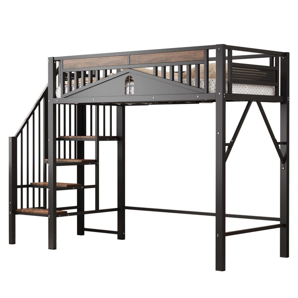 Letto a soppalco 90 x 200 cm singolo con scala di sicurezza; vani portaoggetti e barriera; senza materasso; nero