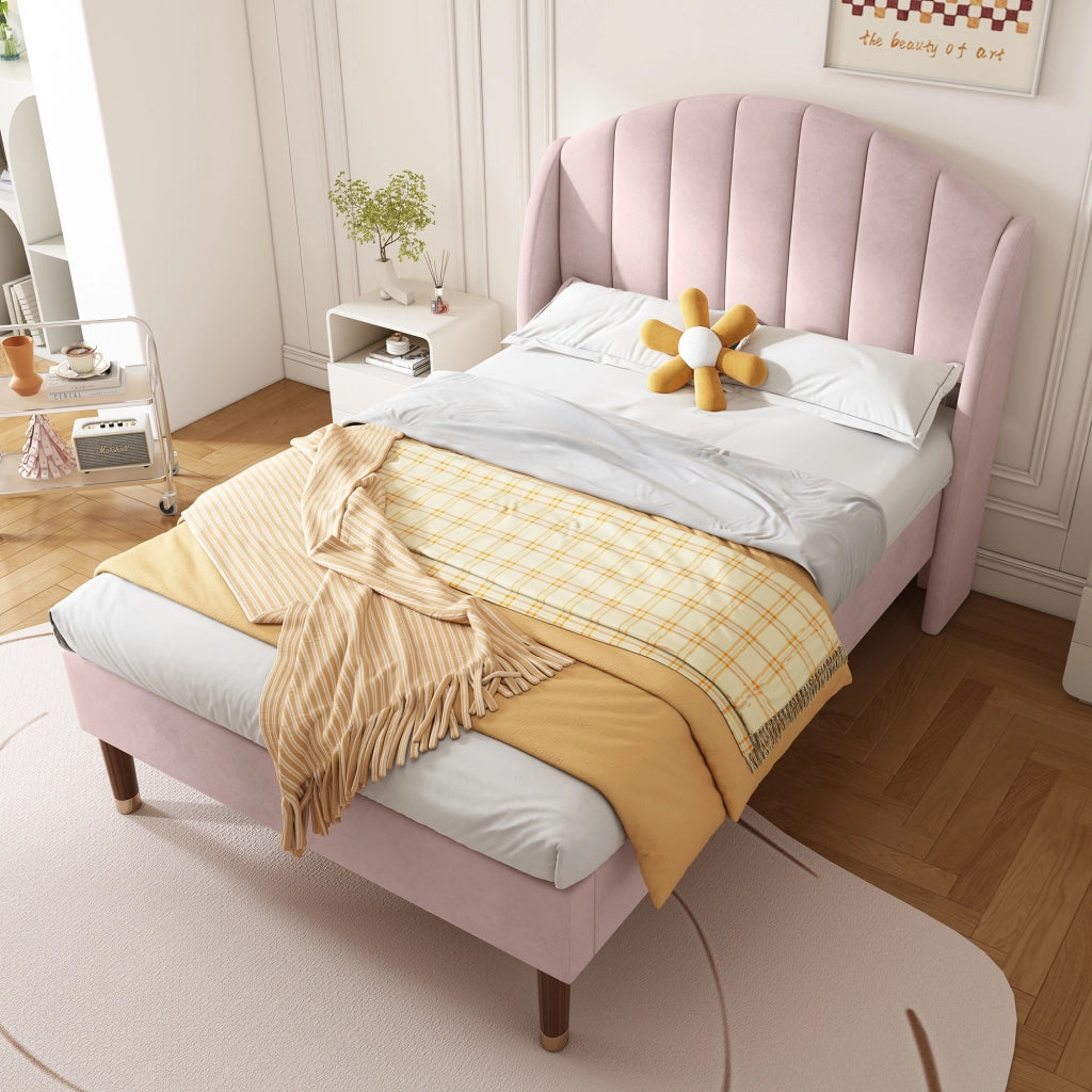 OKWISH Letto Singolo 90×200 cm con Testiera Imbottita e Rete a Doghe, senza Materasso, in Velluto, Rosa