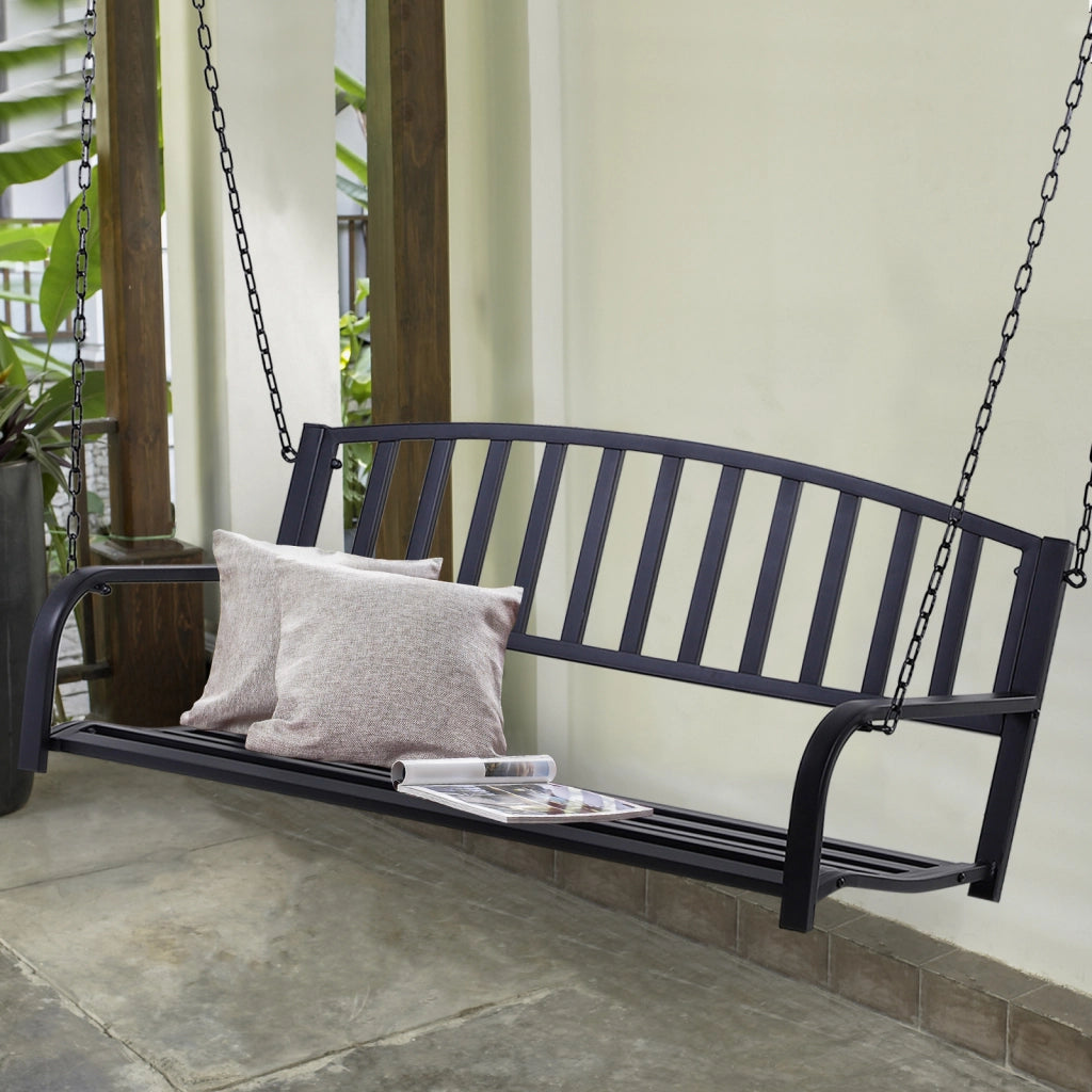 Dondolo Sospeso da Giardino con 2 Posti, Romantica Panchina in Metallo Nero per Esterni, 127 x 60 x 47cm