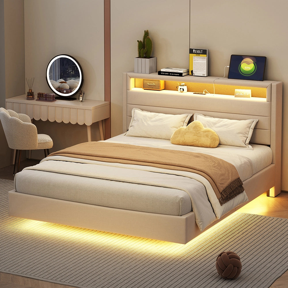 Letto matrimoniale 140x200 cm - Xylo - Connessione USB, illuminazione LED, piede nascosto, lino beige