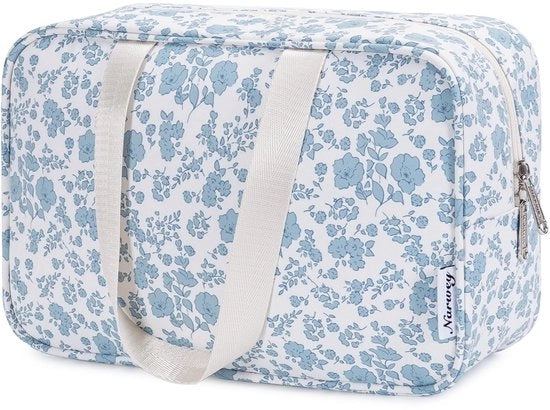 Borse per bagno di dimensioni complete, grande borsa cosmetica, valigetta, borsa per trucco, organizzatore per signore e donne (piccola fiore azzurro)
