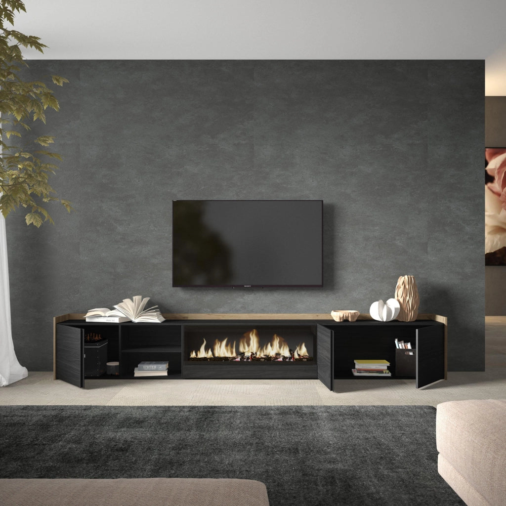 Mobile TV Soggiorno, 315x50x35 cm, Per TV fino a 80", Camino elettrico XXL, Nero e rovere