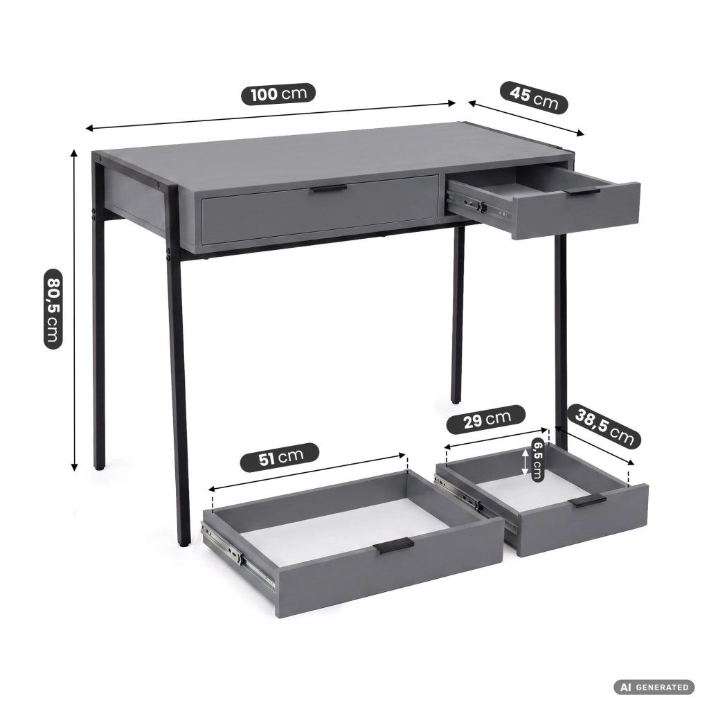 Scrivania industriale per computer Grafite ZENTIA 100 cm 2 cassetti gambe nere