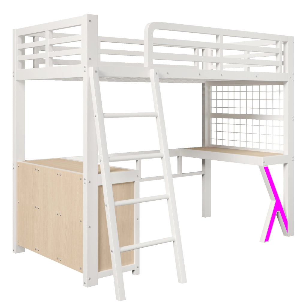 Letto a soppalco 90x200 cm con scrivania; armadio e striscia LED; in metallo e MDF bianco