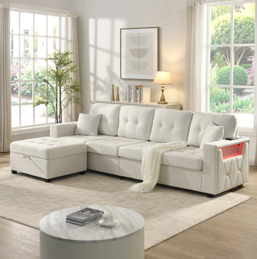 Divano angolare modulare a L con pouf contenitore; LED; USB e Type-C; beige; 253 cm