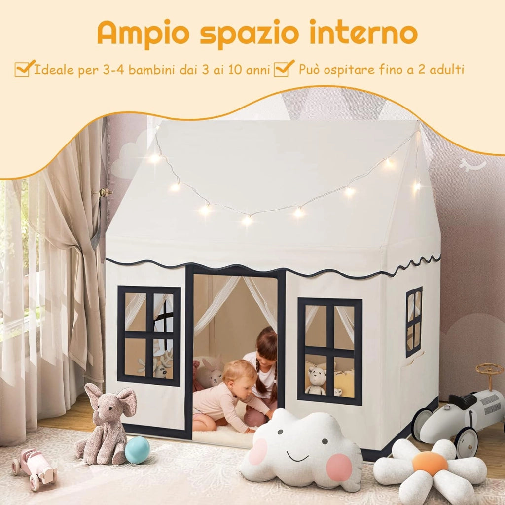 Tenda da Gioco per Bambini con Luci a Stella, Tappetino in Velluto Lavabile e Antiscivolo, Finestre e Tende a Rete, Ideale per Interni ed Esterni per Bambini 3 Anni + (Beige)