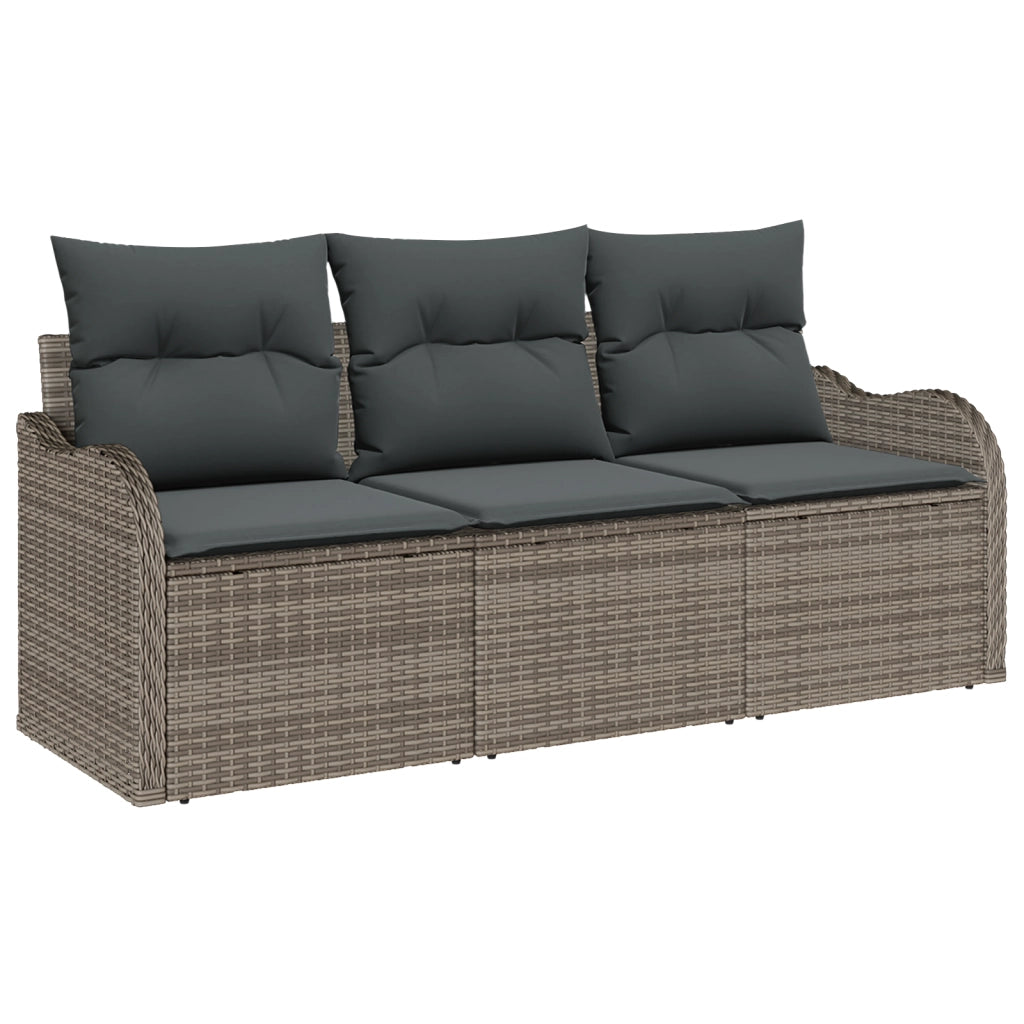 Set di divano da giardino a 3 pezzi con cuscini grigi in rattan poliestere
