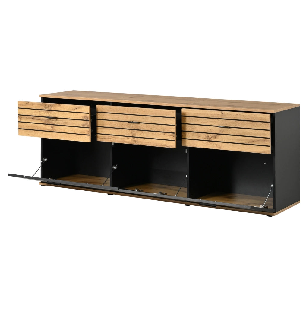 Mobile TV 168x38x59 cm con 3 cassetti e 2 ante a ribalta in MDF e truciolato naturale e nero