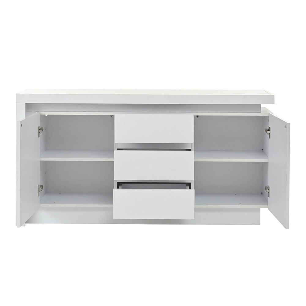 Credenza 140x35x72cm - Xylo - 3 Cassetti e 2 Ante Lucide con LED, Bianco