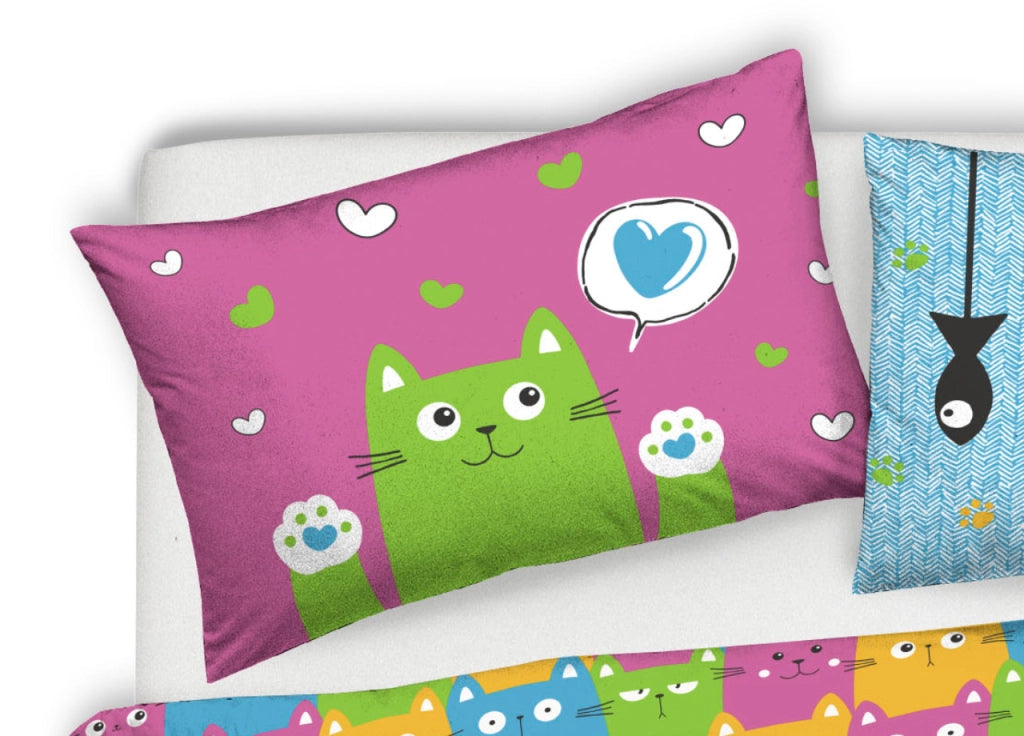 Copripiumino Sacco Piumone Pensieri Delicati Cotone Disegno Happy Cat Multicolor - Singolo - Multicolor