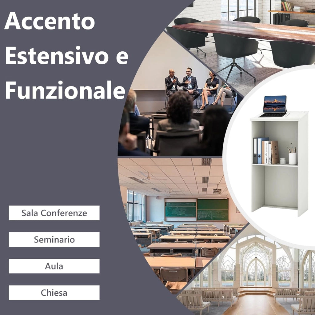 COSTWAY Leggio per Oratori, Podio per Conferenza con Ripiani e Fori per Cavi, Leggio da Pulpito in Legno per Aula, Ufficio, Ristorante e Seminario (Bianco)